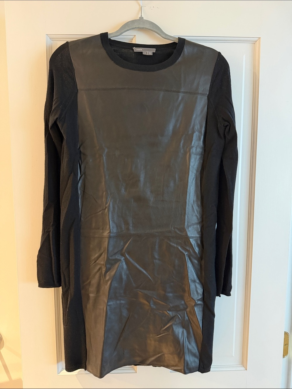 Vince Black Leather Front and Wool Long Sleeve Dress